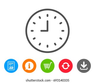 Clock line icon. Time sign. Office Watch or Timer symbol. Report, Information and Refresh line signs. Shopping cart and Download icons. Editable stroke. Vector