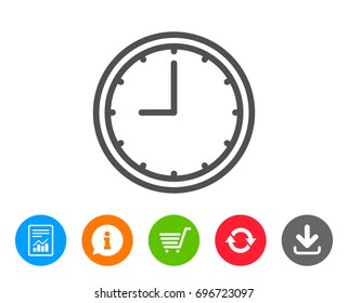 Clock line icon. Time sign. Office Watch or Timer symbol. Report, Information and Refresh line signs. Shopping cart and Download icons. Editable stroke. Vector