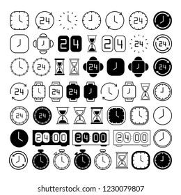 Clock line icons. Black and white simple watches pack. Time concept. Vector illustration