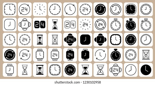Clock line icons isolated on beige background. Black and white simple watches pack. Time concept. Vector illustration