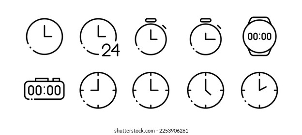 Iconos de la línea de reloj establecidos. Llama, llama, temporizador, cronómetro, fecha límite, velocidad, disponible, comunicación, ayuda, centro de llamadas, todo el día. concepto de negocio. Conjunto de iconos de la línea negra del vector