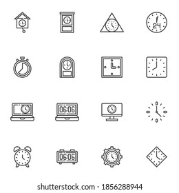 Clock line icons set, outline vector symbol collection, linear style pictogram pack. Signs, logo illustration. Set includes icons as alarm clock time, stopwatch chronometer, computer, laptop