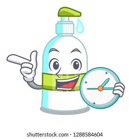 With clock liquid soap in a cartoon basket