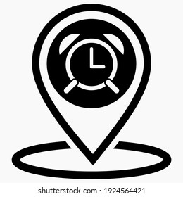 Clock location icon. Real-time geotag. Travel time. Traffic jam. Vector graphics.