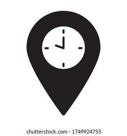 clock and location pin icon over white background, silhouette style, vector illustration
