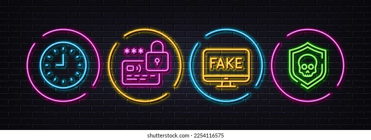 Clock, Lock and Fake news minimal line icons. Neon laser 3d lights. Cyber attack icons. For web, application, printing. Time or watch, Blocked credit card, Propaganda tv. Software protect. Vector