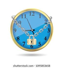 Clock locked by a chain.Isolated on white background.