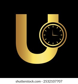 Clock Logo combine with letter U vector template