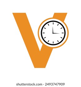 Logotipo del reloj combinado con letra V Plantilla de Vector