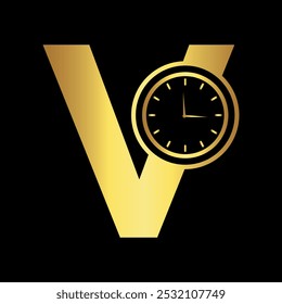 Clock Logo combine with letter V vector template