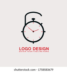 Clock logo design with handles. Clock logo design that shows the time. Black and red clock logo design with reddish white background