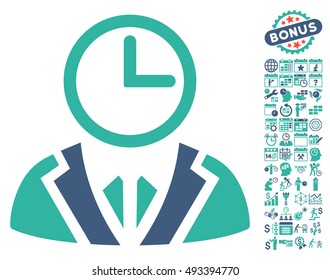 Clock Lord icon with bonus calendar and time management pictures. Vector illustration style is flat iconic bicolor symbols, cobalt and cyan colors, white background.