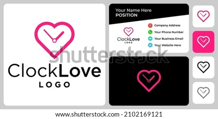 Clock and love logo design with business card template.