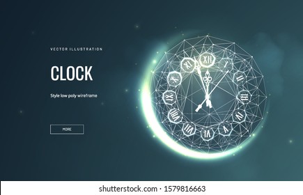 Clock low poly landing page template. New Year holiday symbol web banner. 3d watch dial polygonal illustration. Timepiece, glowing horologe with Roman numerals mesh art homepage design layout