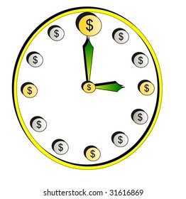 Clock made from gold and silver coins, with green hands indicative of US dollars