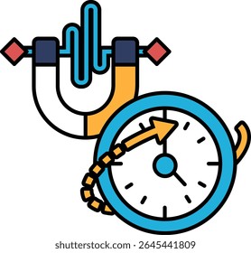 Um relógio com um ímã. O ímã aponta para o número 12. O relógio é azul e branco