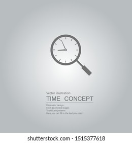 Clock and magnifying glass icon. Isolated on grey background.