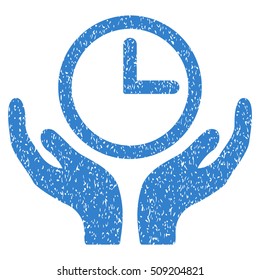 Clock Maintenance Hands grainy textured icon for overlay watermark stamps. Flat symbol with dirty texture. Dotted vector cobalt ink rubber seal stamp with grunge design on a white background.