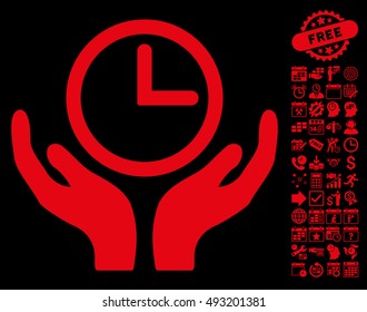 Clock Maintenance icon with bonus calendar and time management graphic icons. Vector illustration style is flat iconic symbols, red color, black background.