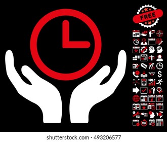 Clock Maintenance icon with bonus calendar and time management symbols. Vector illustration style is flat iconic bicolor symbols, red and white colors, black background.