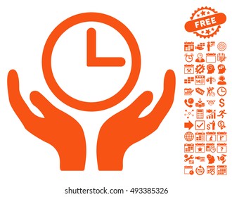 Clock Maintenance icon with bonus calendar and time management pictogram. Vector illustration style is flat iconic symbols, orange color, white background.