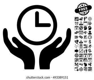 Clock Maintenance icon with bonus calendar and time management symbols. Vector illustration style is flat iconic symbols, black color, white background.