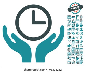 Clock Maintenance icon with bonus calendar and time management images. Vector illustration style is flat iconic bicolor symbols, soft blue colors, white background.