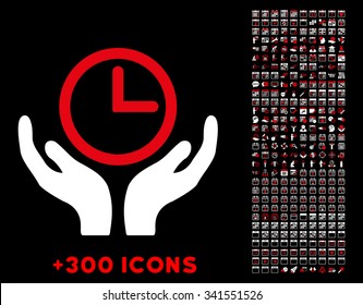 Clock Maintenance vector pictogram with additional 300 date and time management icons. Style is bicolor flat symbols, red and white colors, rounded angles, black background.