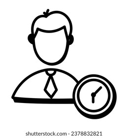 Clock with man, doodle icon of punctual person 