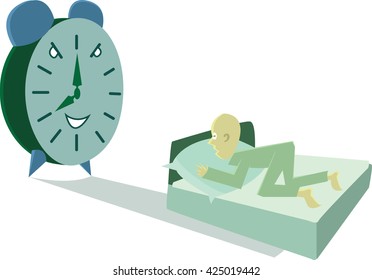 Clock and man. A morning person does not want to wake up.