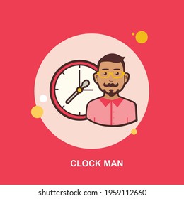 Clock man with person standing front view with clock ticking flat concept design