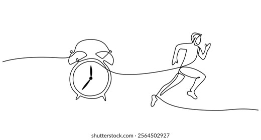 Clock and man running in continuous line drawing. A metaphor for the passage of time, urgency, and the race against time. Vector illustration one line art minimalist.