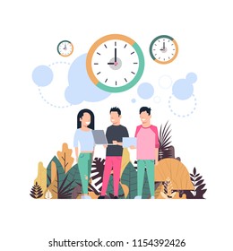 clock man woman cominicating punctuality concept over flat vector illustration