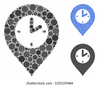Clock marker composition of spheric dots in variable sizes and color tints, based on clock marker icon. Vector dots are combined into blue composition.