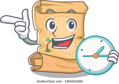 With clock mascot treasure map in character bag