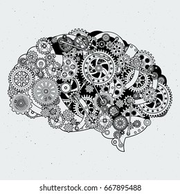 Clock mechanism in human brain. Different cogwheels of steel. Vector hand drawn illustrations