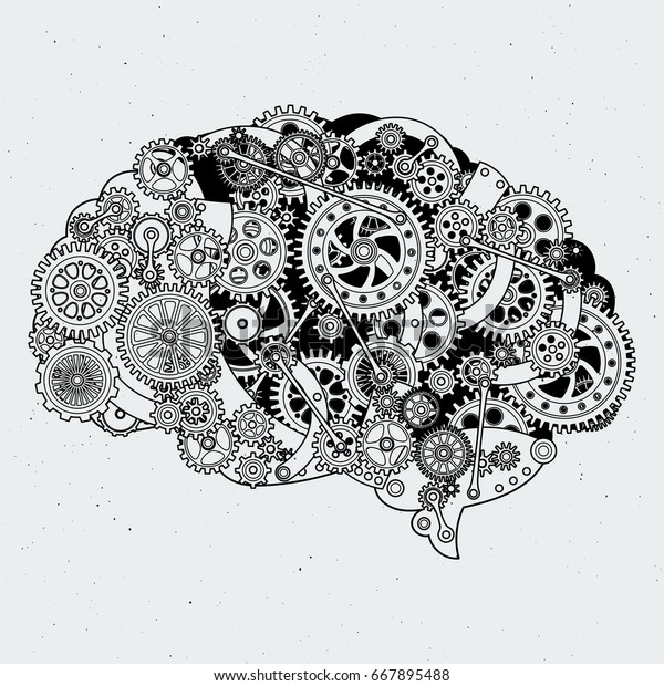 人間の脳の時計のメカニズム 鋼の歯車が違う ベクター手描きのイラスト のベクター画像素材 ロイヤリティフリー
