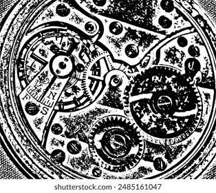 Clock mechanism and many gears.
The complex mechanism of a pocket watch, on which sunlight falls in patches.