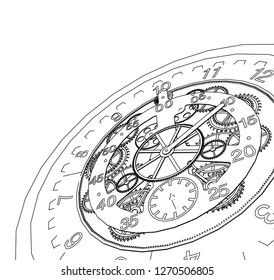 clock, mechanism, sketch, 3d illustration