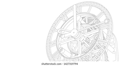 clock, mechanism, sketch, 3d illustration