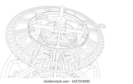 clock, mechanism, sketch, 3d illustration