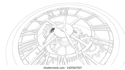 clock, mechanism, sketch, 3d illustration