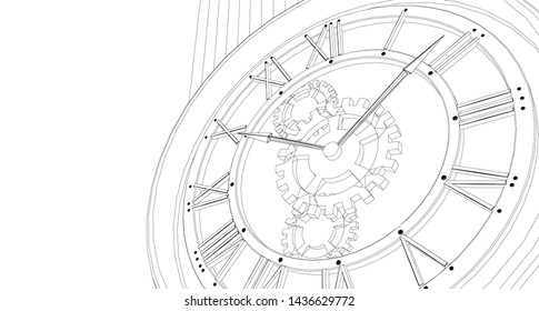 clock, mechanism, sketch, 3d illustration