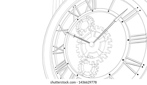 clock, mechanism, sketch, 3d illustration