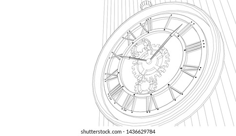 clock, mechanism, sketch, 3d illustration