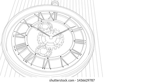 clock, mechanism, sketch, 3d illustration