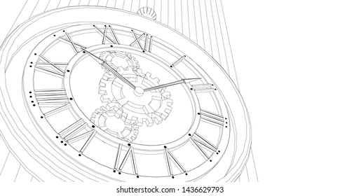 clock, mechanism, sketch, 3d illustration