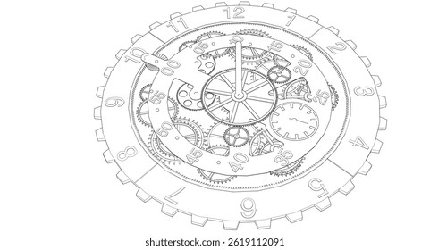 clock mechanism sketch 3d illustration