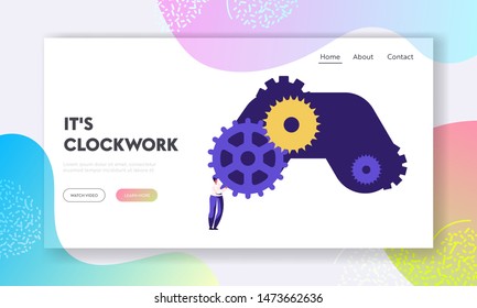 Clock Mechanism Website Landing Page. Tiny Woman Character Standing at Huge Gears and Cogwheels. Time Management, Idea Development, Creativity Concept Web Page. Cartoon Flat Vector Illustration Banner