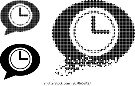 Clock message balloon pictogram with dispersed effect. Disintegration effect involves small particles. Clock message balloon in sparkle, pixelated halftone and original whole vector variants.